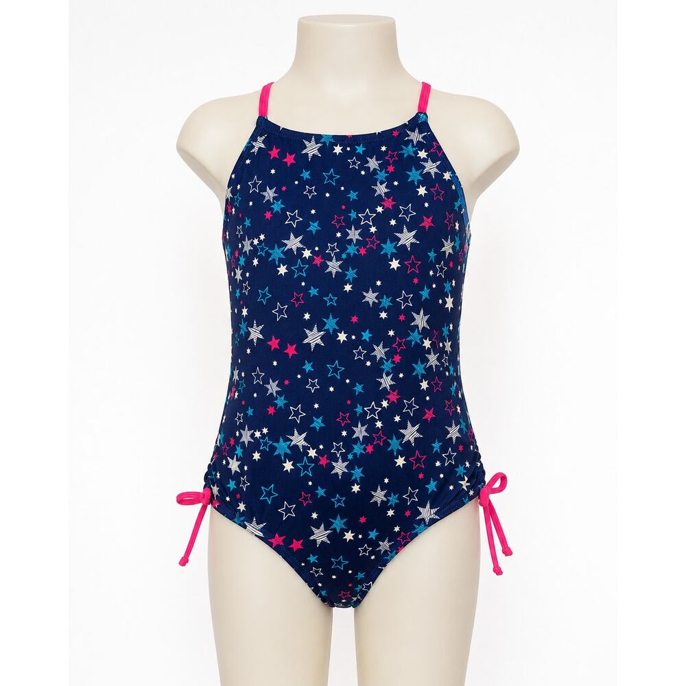 Speedo Girls One Piece Swimsuit Navy Blue Pink Multi Stars Tie Side Size M